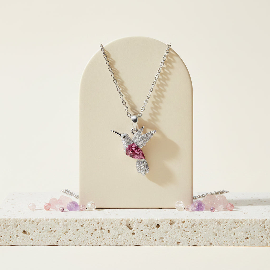 Pink crystal hummingbird pendant necklace sterling silver — spirit animal jewelry for lightness