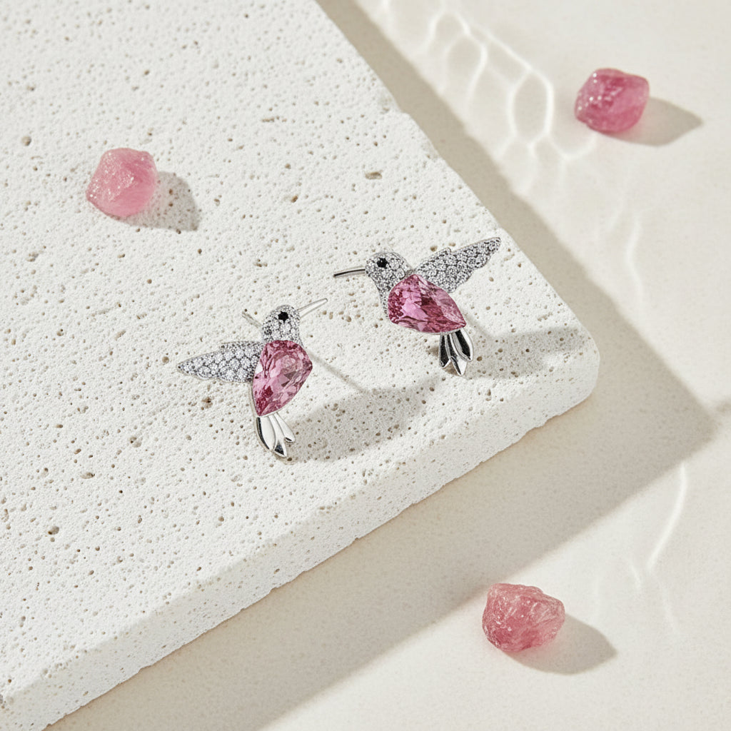 Pink crystal hummingbird stud earrings sterling silver — spirit animal jewelry for lightness