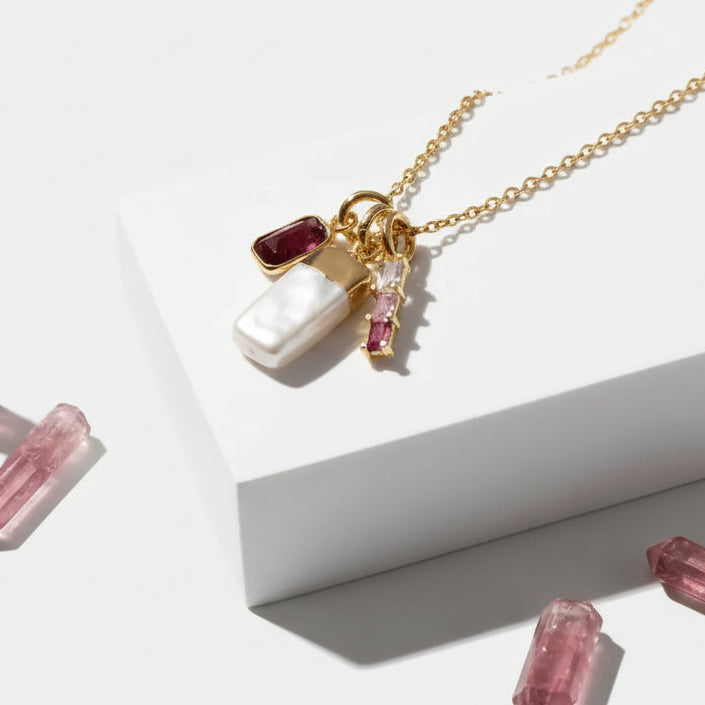 Gold pink tourmaline and pearl charm necklace — crystal necklace for self-love
