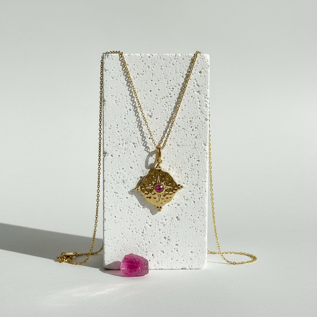Gold hammered medallion necklace with pink tourmaline CZ centre, October birthstone jewelry