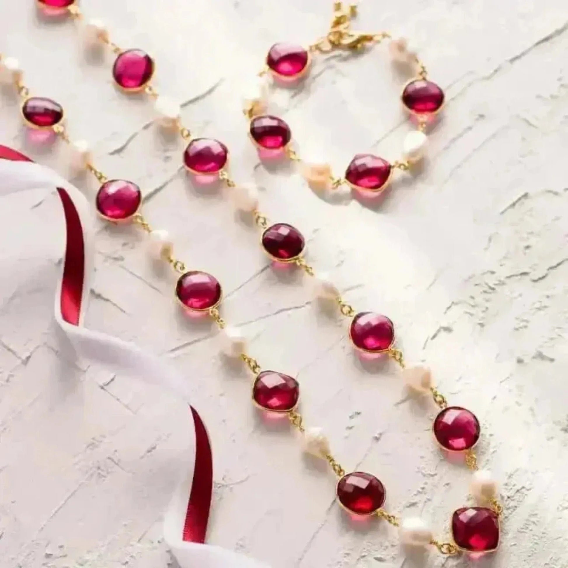 pink tourmaline and pearl necklace in red  white and gold combination