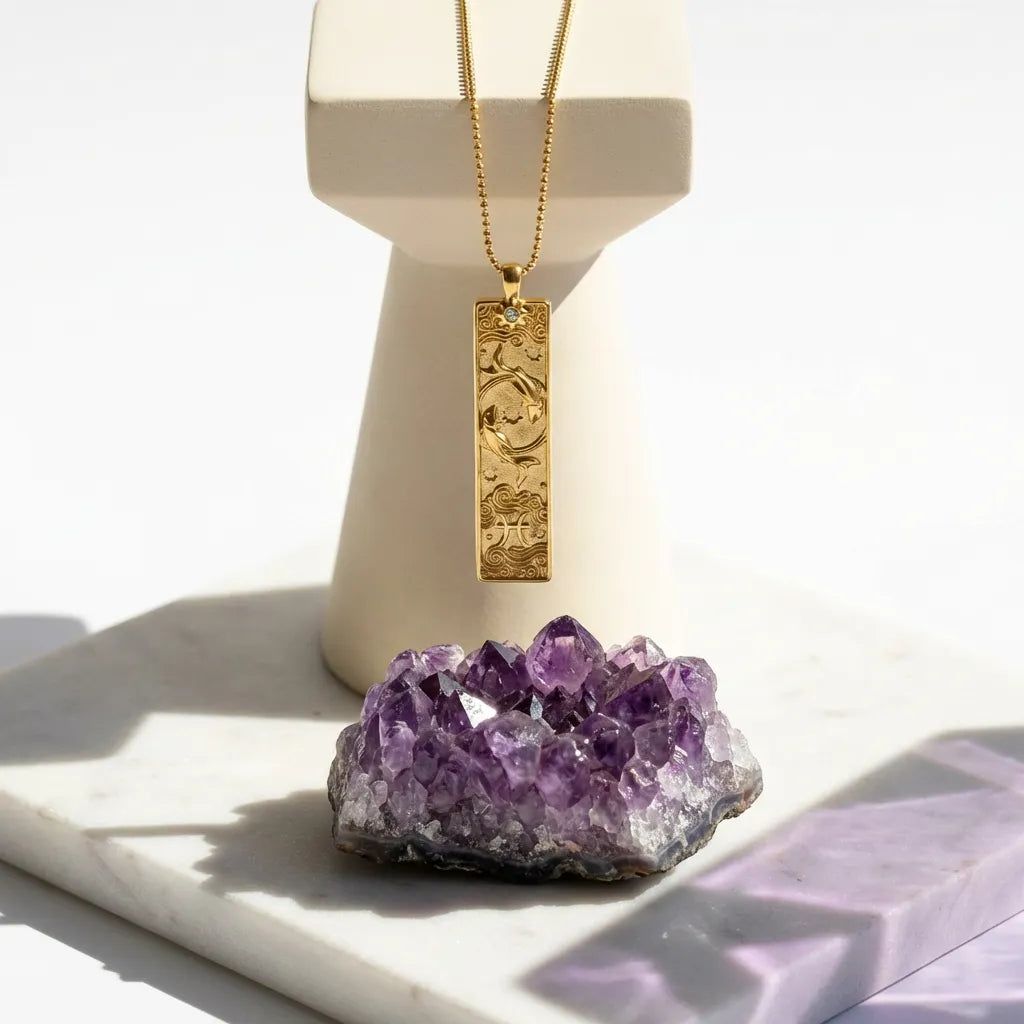 Gold necklace with a pendant on a white stand next to a purple crystal