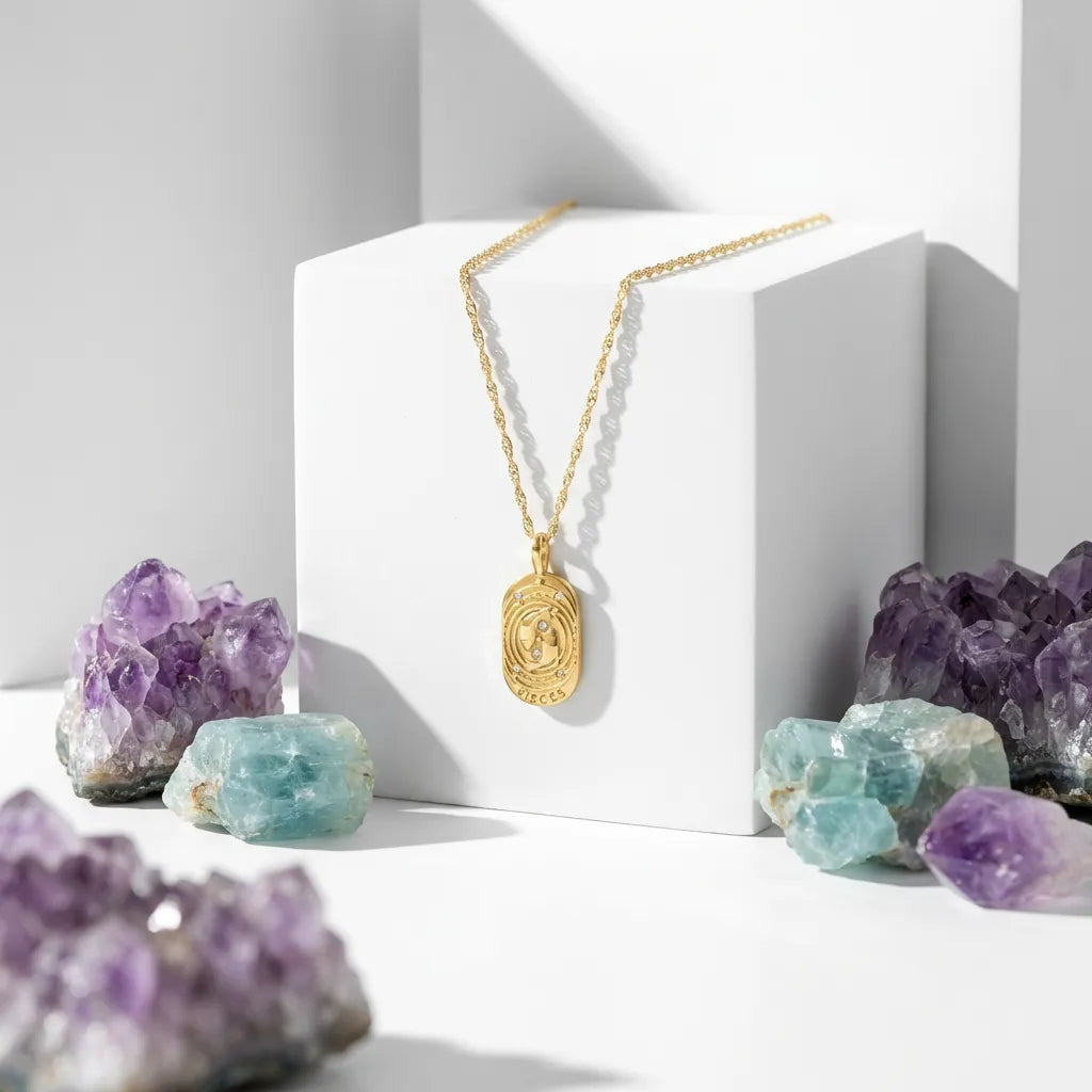 Gold necklace with a pendant on a white surface with crystals