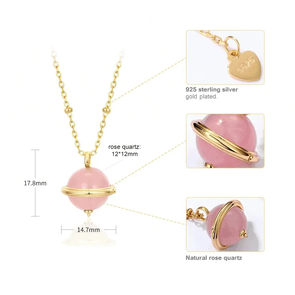 Pink rose quartz necklace with gold chain and heart pendant, detailed specifications on a white background.