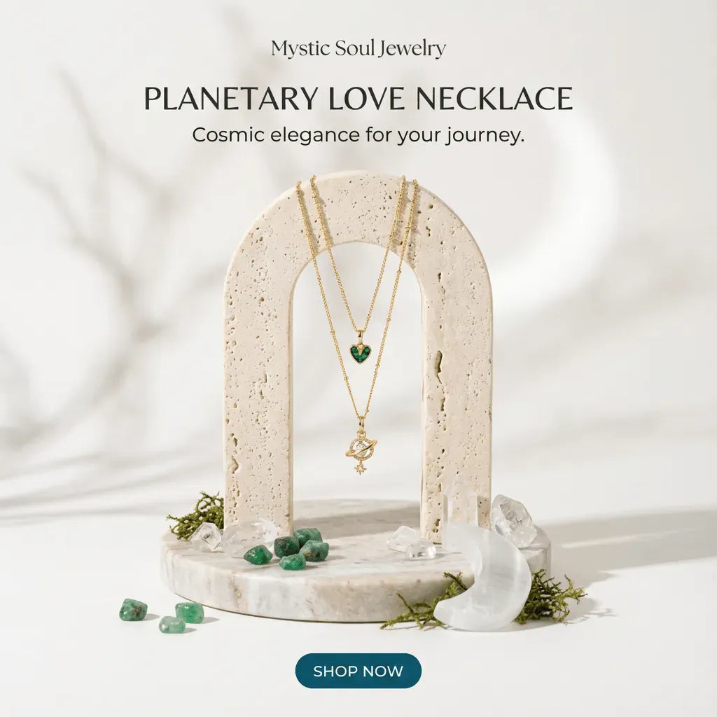 Necklace on a decorative stand with stones and text about 'Mystic Soul Jewelry' on a white background.