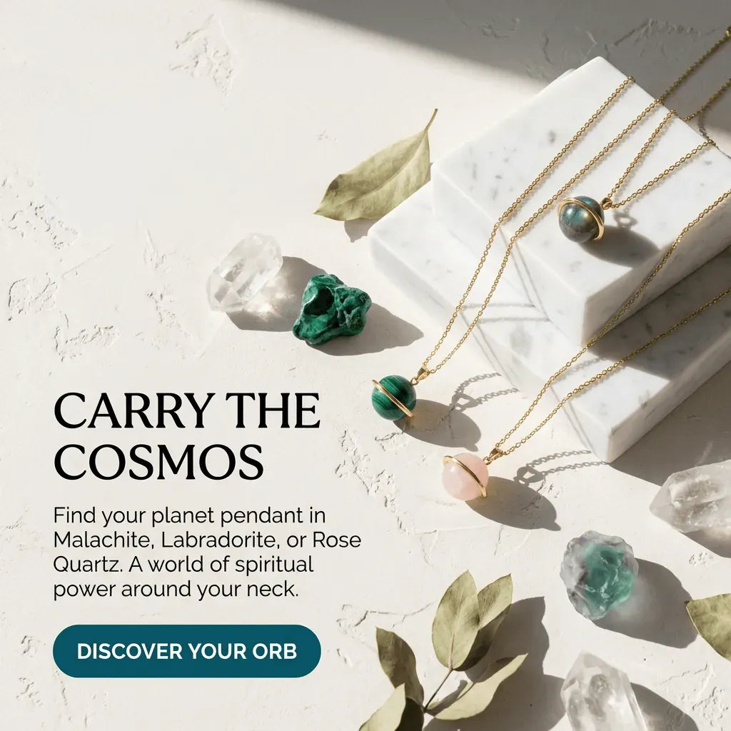Necklaces with gemstones on a textured surface with text about finding your planet pendant.