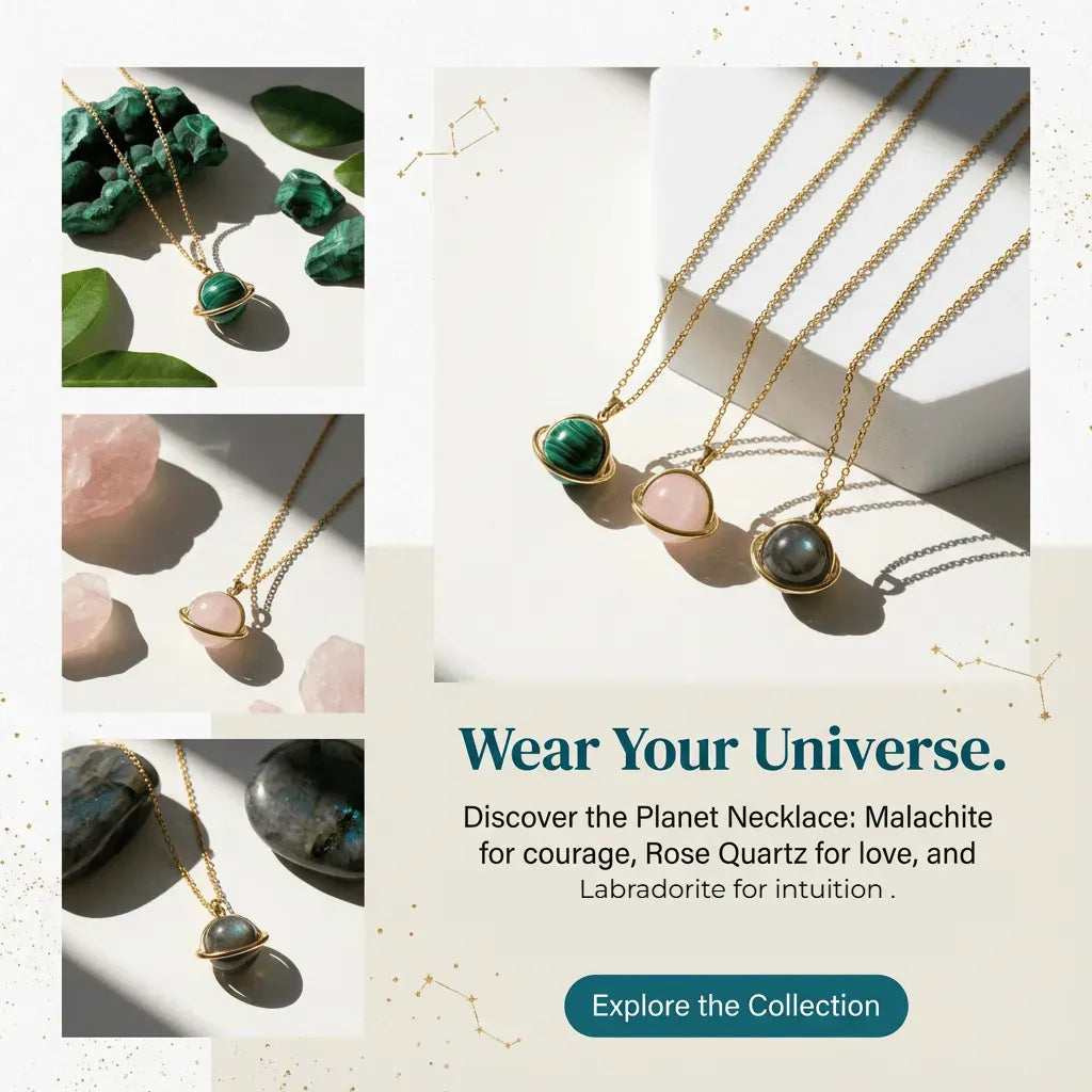 Collage of gemstone necklaces with descriptive text on a light background