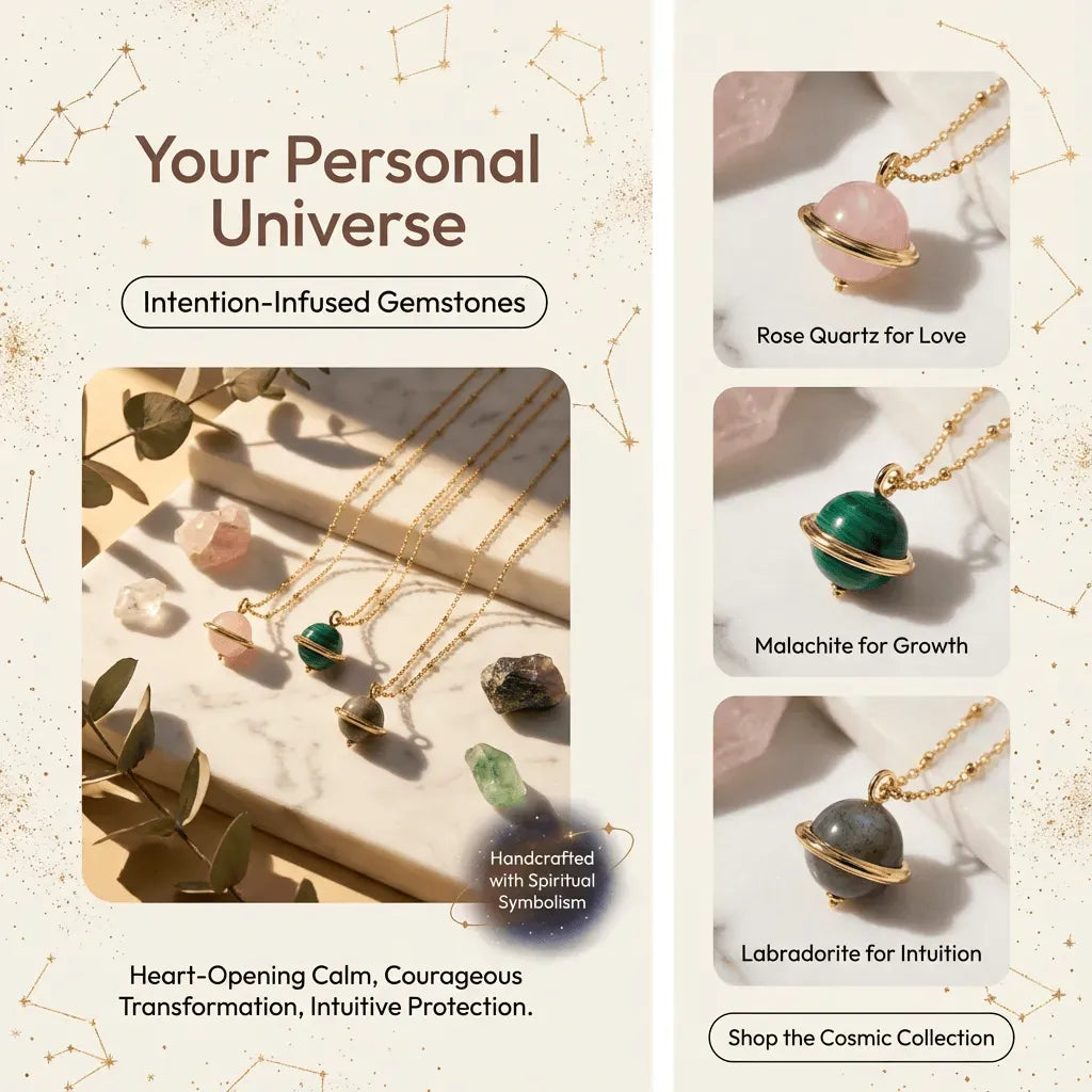 Jewelry set with gemstones and necklaces on a neutral background, featuring text about intention-infused gemstones.