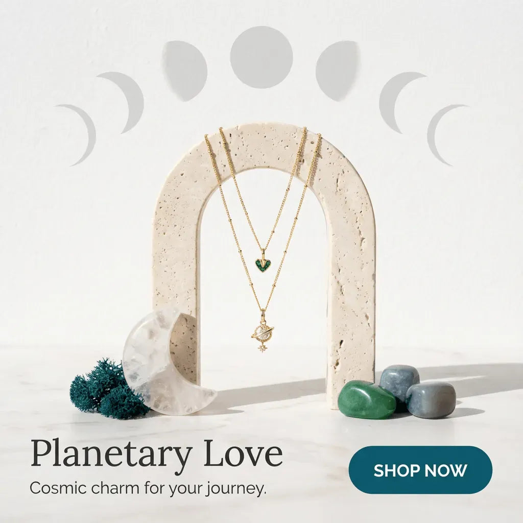 Jewelry display with necklaces on a stone arch, surrounded by stones and crystals, with 'Planetary Love' text and 'Shop Now' button.