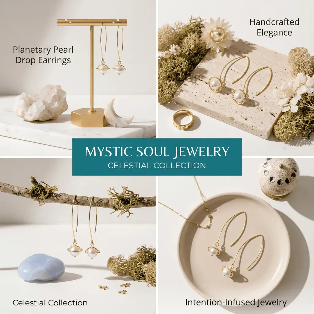 Collage of planetary pearl drop earrings from Mystic Soul Jewelry with text describing the collection.