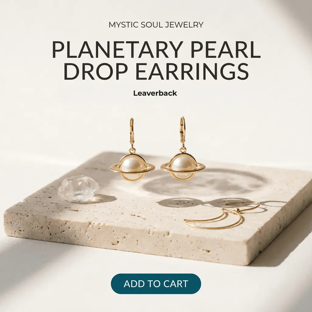 Planetary pearl drop earrings on a stone surface with 'Mystic Soul Jewelry' branding.
