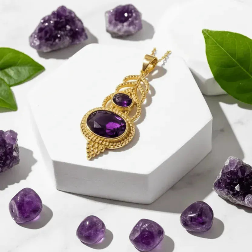 Gold pendant with purple gemstones on a white stand, surrounded by amethyst crystals and green leaves.