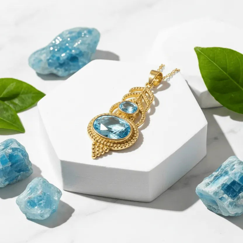 Gold pendant with blue gemstones on a white stand, surrounded by blue stones and green leaves.