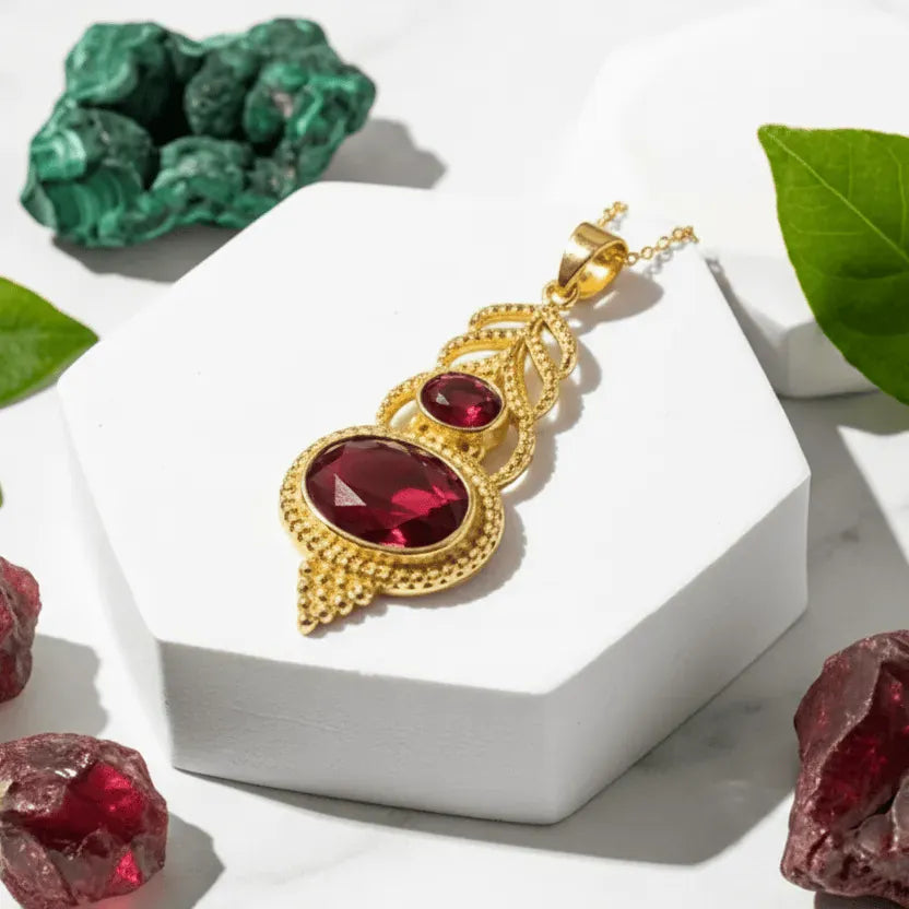 Gold pendant with red gemstones on a white stand, surrounded by red and green stones.