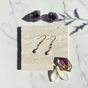 Gold pyrite chain drop earrings with freshwater potato pearls, one-of-a-kind jewelry