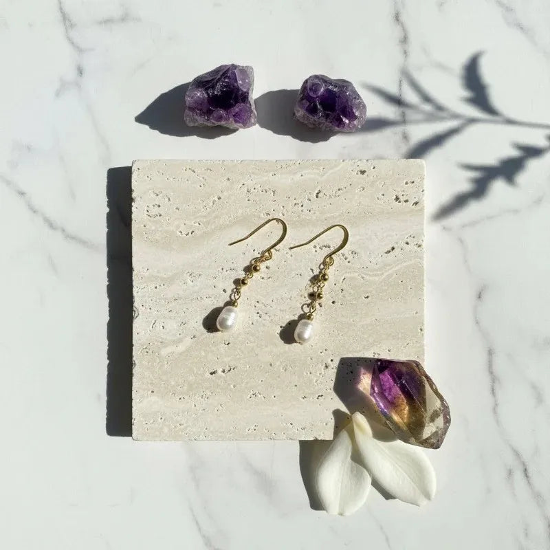 Gold pyrite chain drop earrings with freshwater potato pearls, one-of-a-kind jewelry
