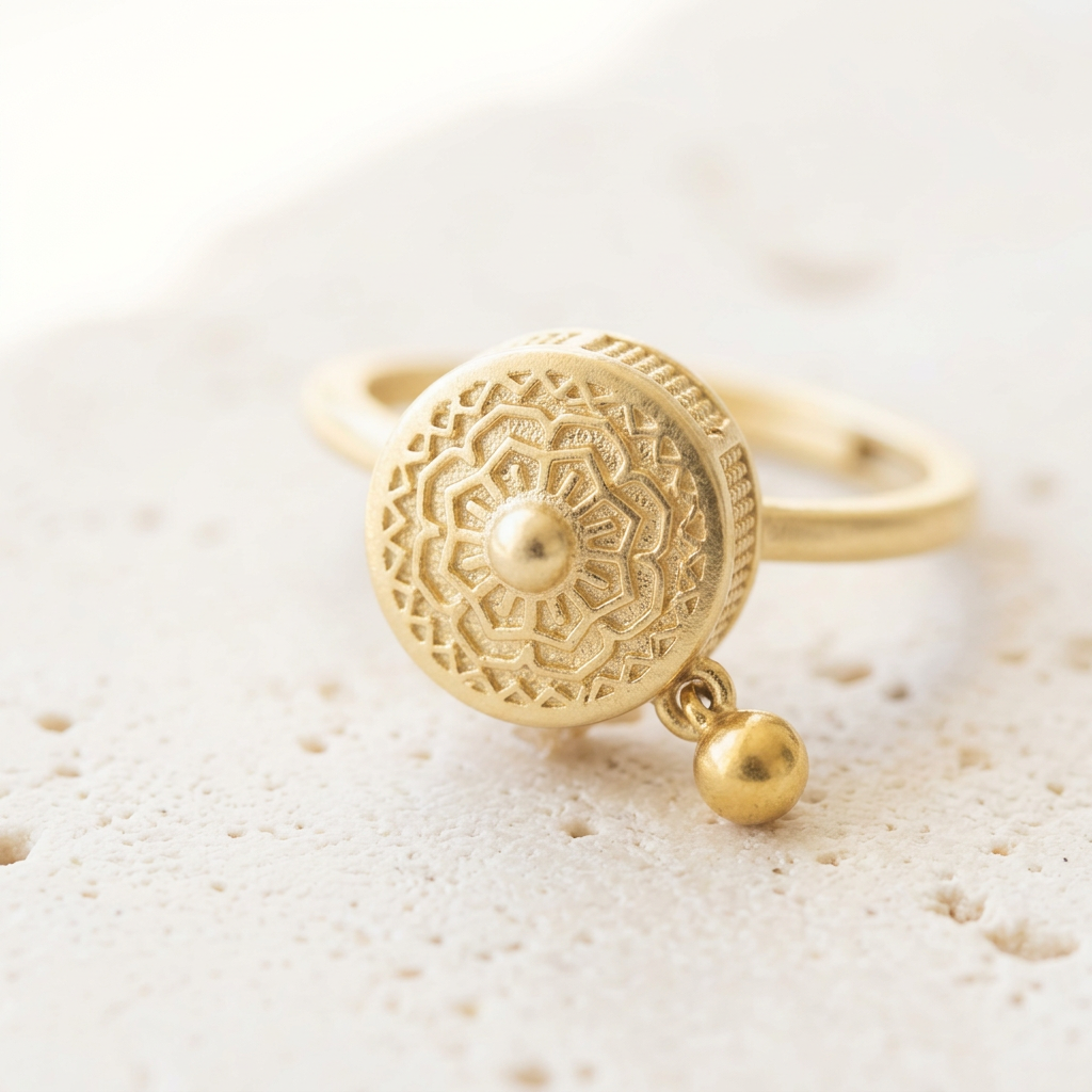 Gold-plated Tibetan prayer wheel spinner ring with a spinning band and side bead, meditation jewelry