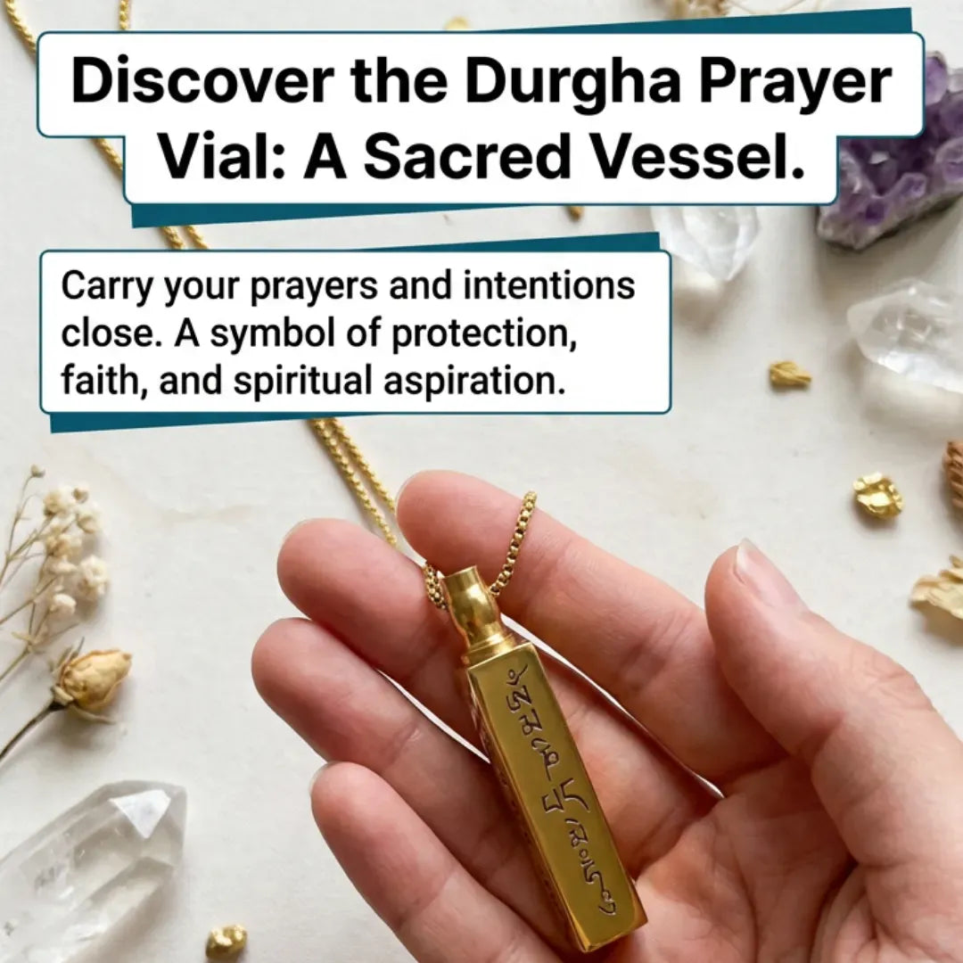 Gold pendant with text 'Discover the Durgha Prayer Vial: A Sacred Vessel' held by a hand on a light background.