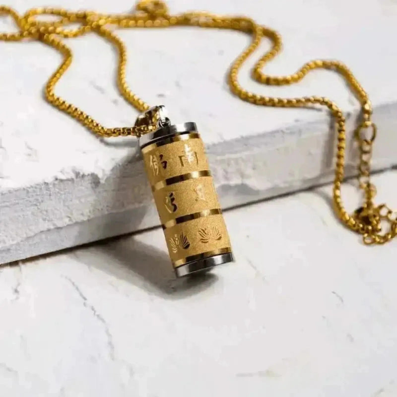 Silver prayer wheel mantra locket necklace — spiritual symbol jewelry for peace and intention