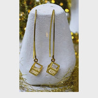 cube crystal long gold earrings