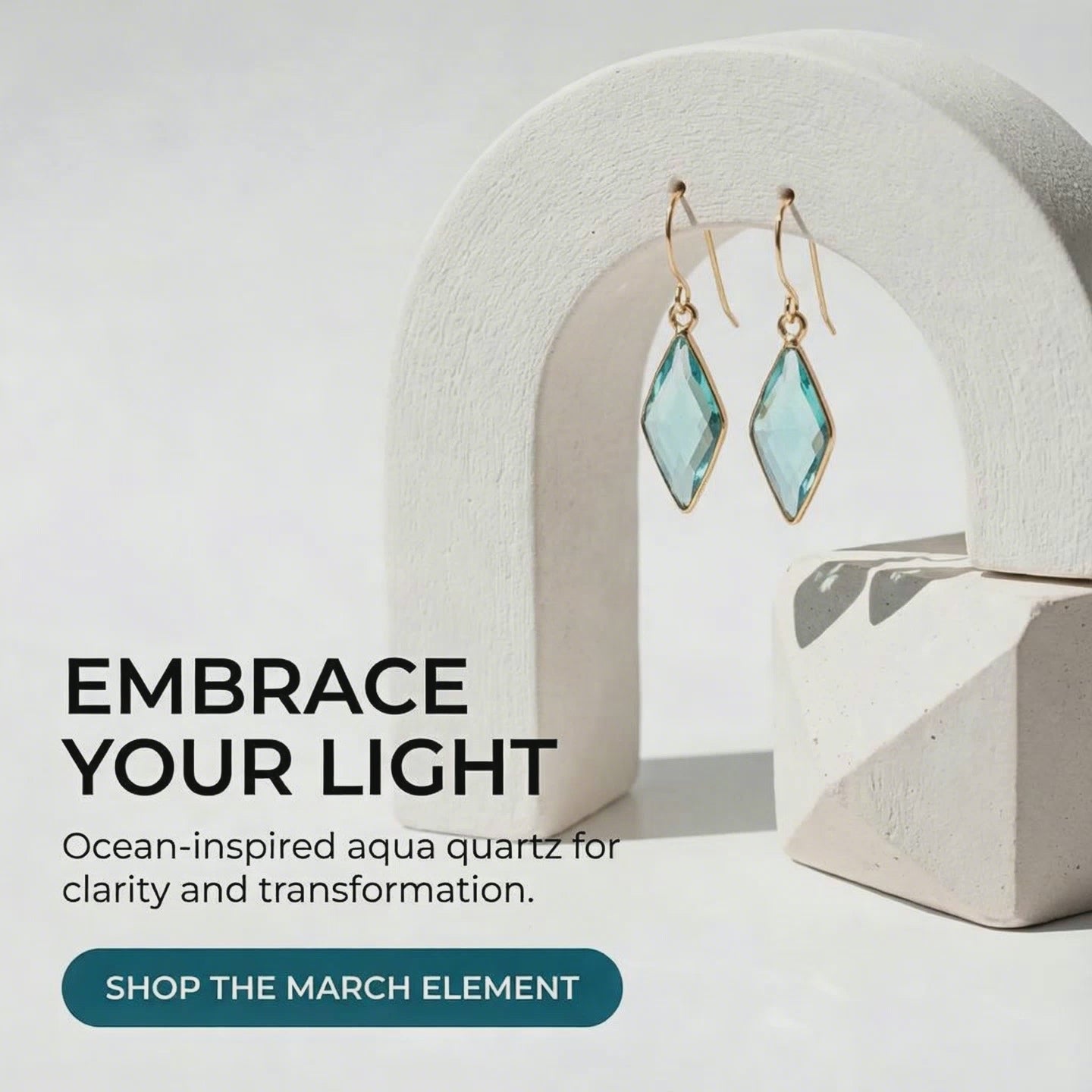 Load video: Aqua Blue Diamond Shaped Earrings on white background with text embrace your light. Ocean inspired 