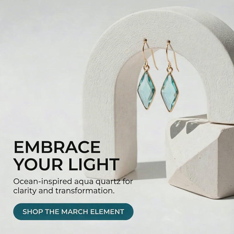 Aqua Blue Diamond Shaped Earrings on white background with text embrace your light. Ocean inspired 