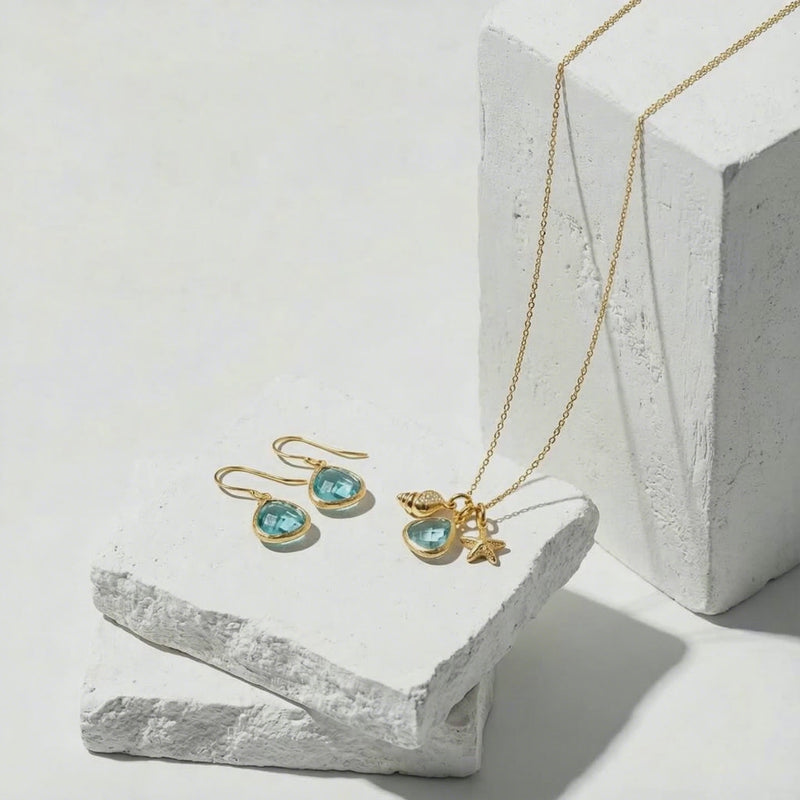 aqua mini drop earrings and necklace with shell starfish