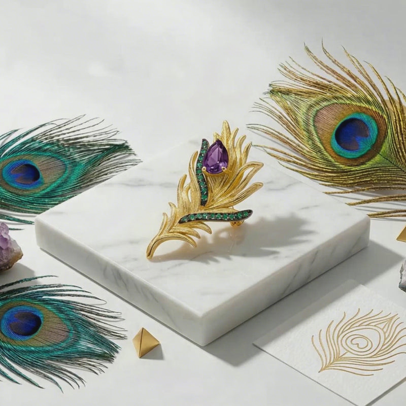 amethyst peacock gold feather brooch pendant