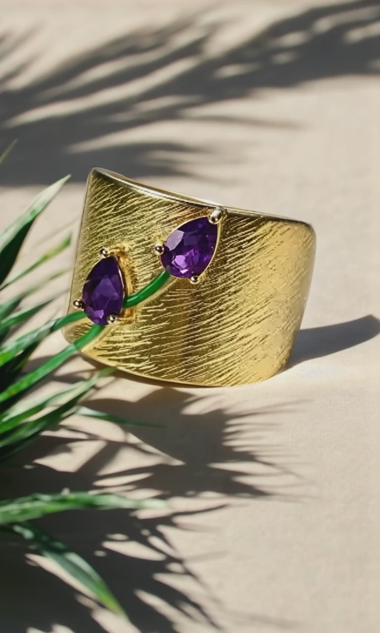 Elegant Brushed Gold Tulip Ring with Faceted Amethyst - Gold Plated Sterling Silver