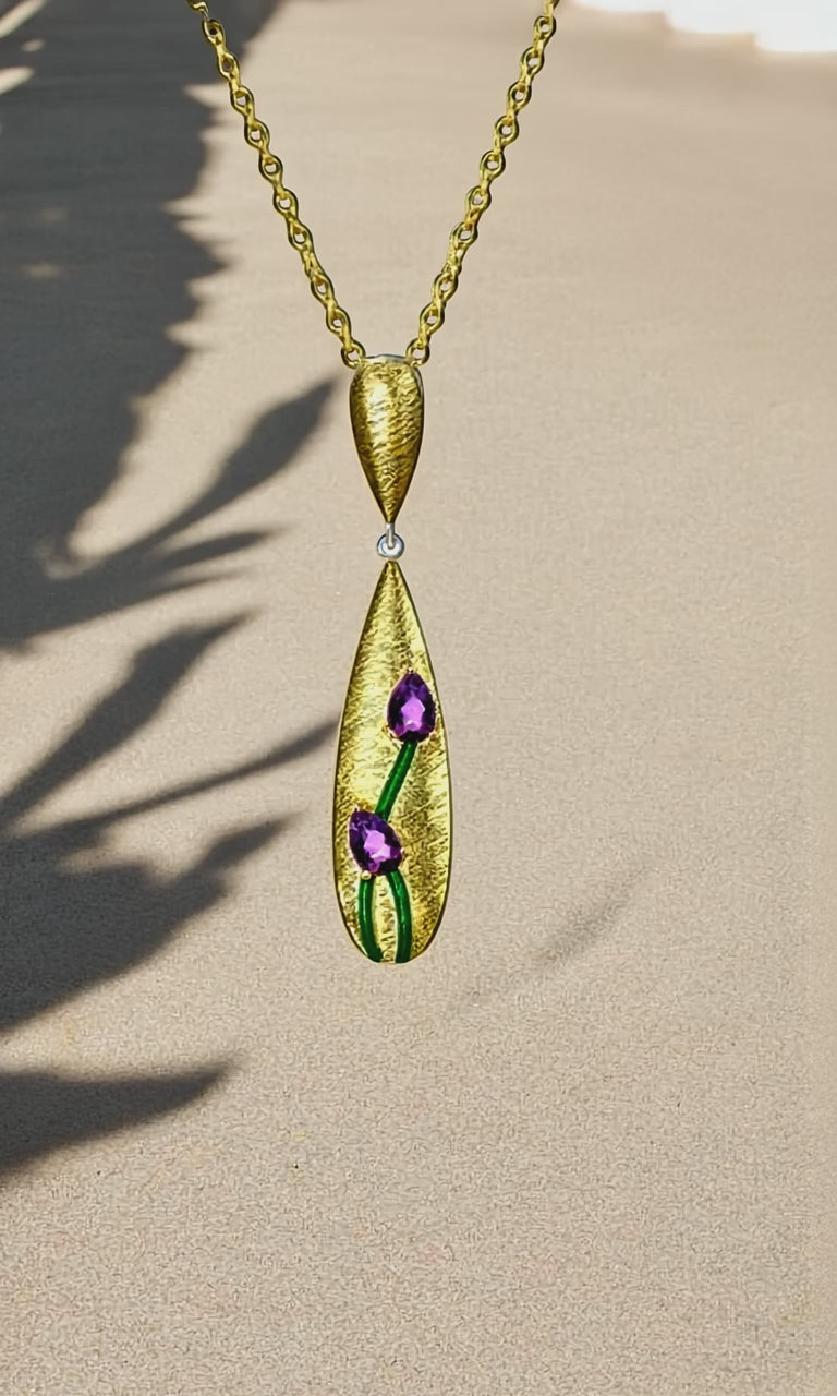 Elegant Brushed Gold Tulip Pendant Necklace with Faceted Amethyst - Gold Plated Sterling Silver