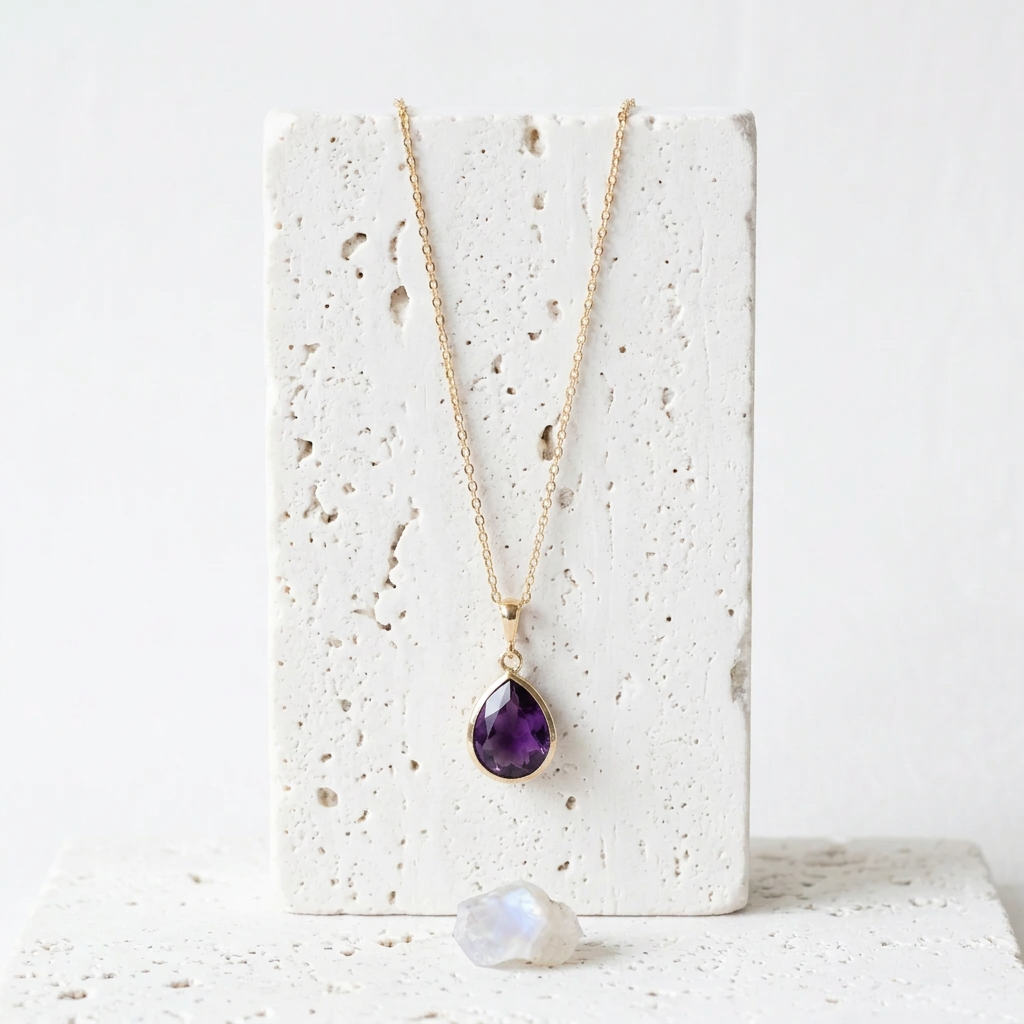 Gold teardrop pendant necklace with amethyst purple faceted glass drop, hanging view, February birthstone colour
