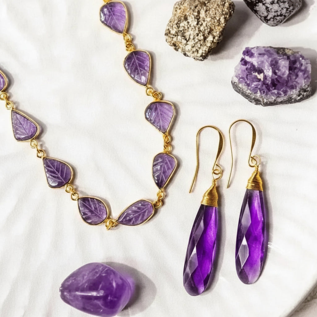 Carved amethyst leaf chain jewelry in gold, February birthstone jewelry