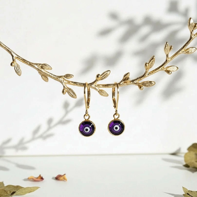 Purple mini evil eye leverback earrings in gold, protection symbol jewelry