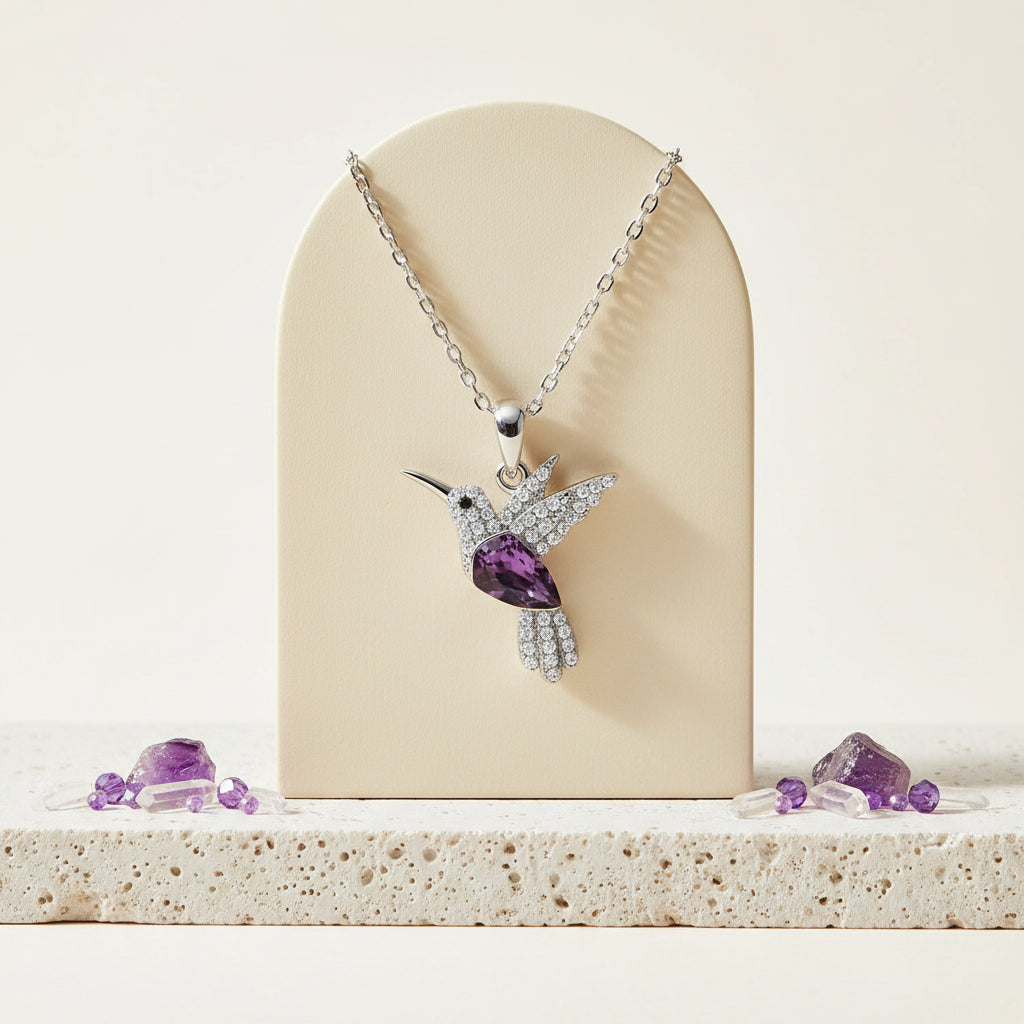 Purple crystal hummingbird pendant necklace sterling silver — spirit animal jewelry for creativity
