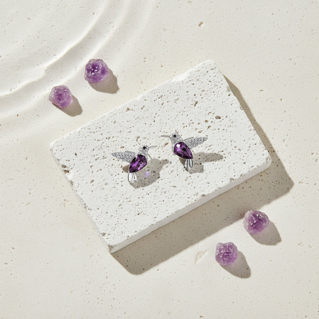 Purple crystal hummingbird stud earrings sterling silver — spirit animal jewelry for creativity