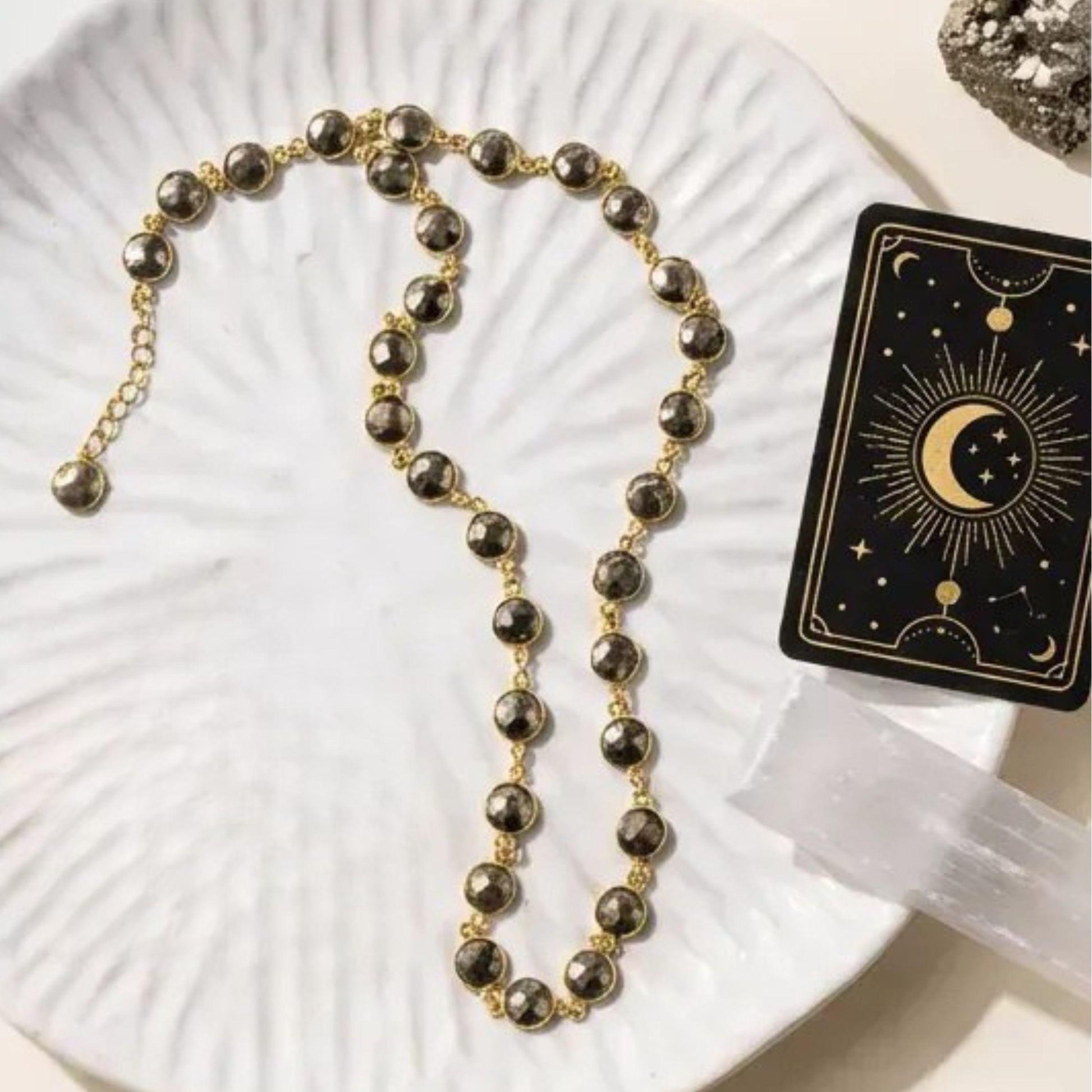 Pyrite gemstone necklace and bracelet set in gold — jewellery set for abundance