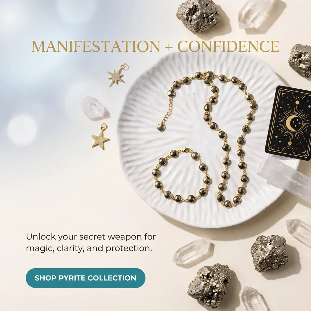 Pyrite jewelry and crystals on a white plate with text about manifestation, confidence, and a call to action to shop the pyrite collection.
