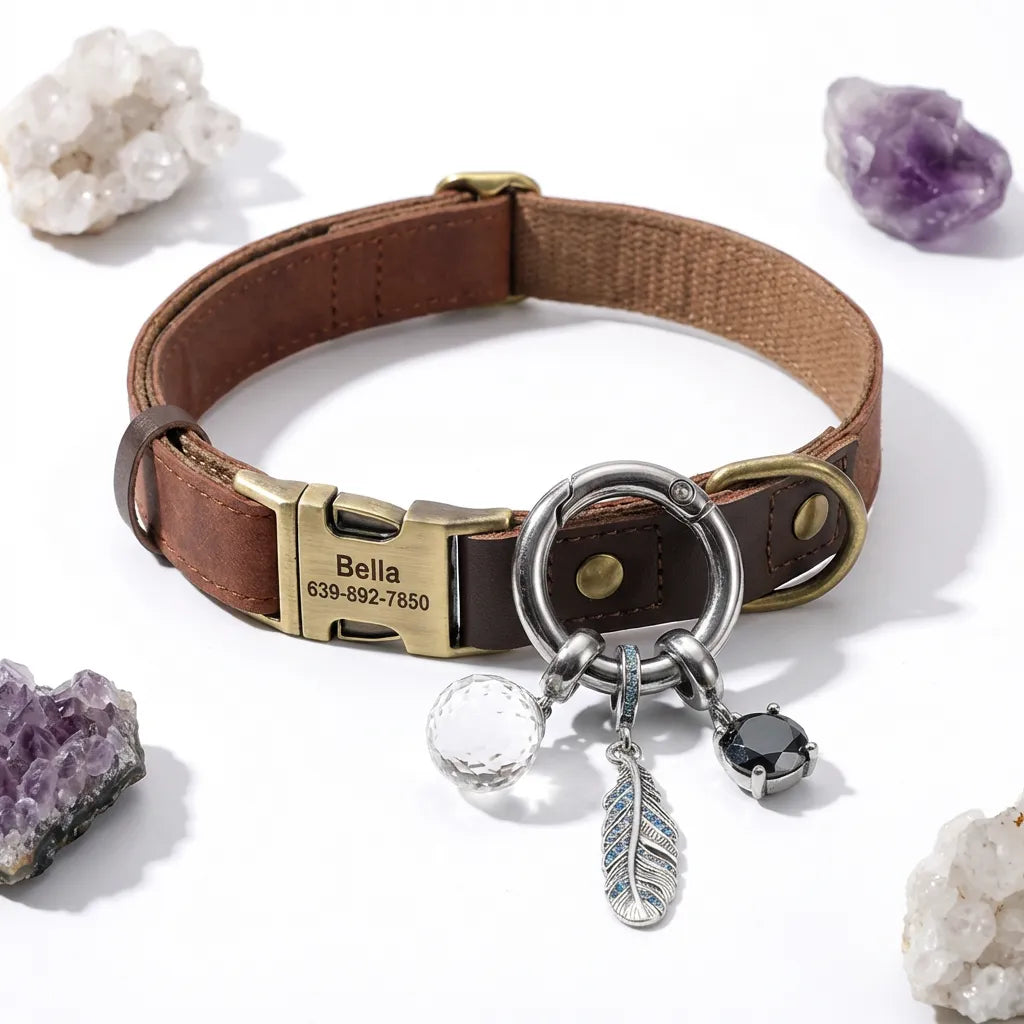 Brown leather dog collar with engraved nameplate and charms on a white background with crystals.