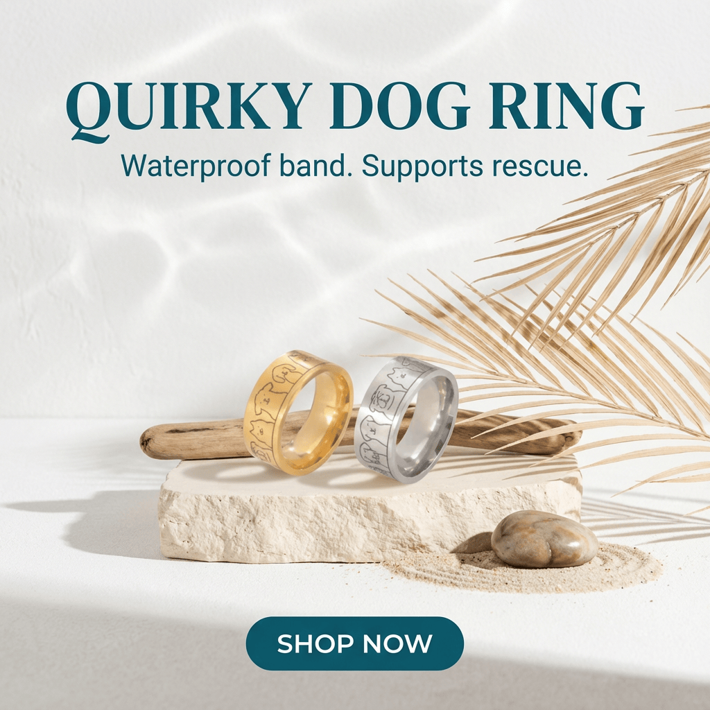 Quirky dog ring with gold and silver bands on a stone surface with sand and palm leaves.