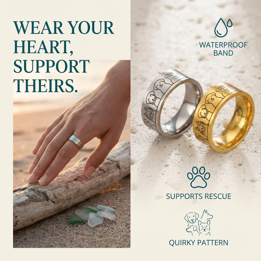 Two rings, one silver and one gold, on a sandy background with text about support for rescue and a quirky pattern.