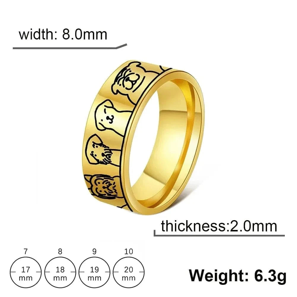 Gold ring with engraved design, showing width, thickness, and weight measurements on a white background.