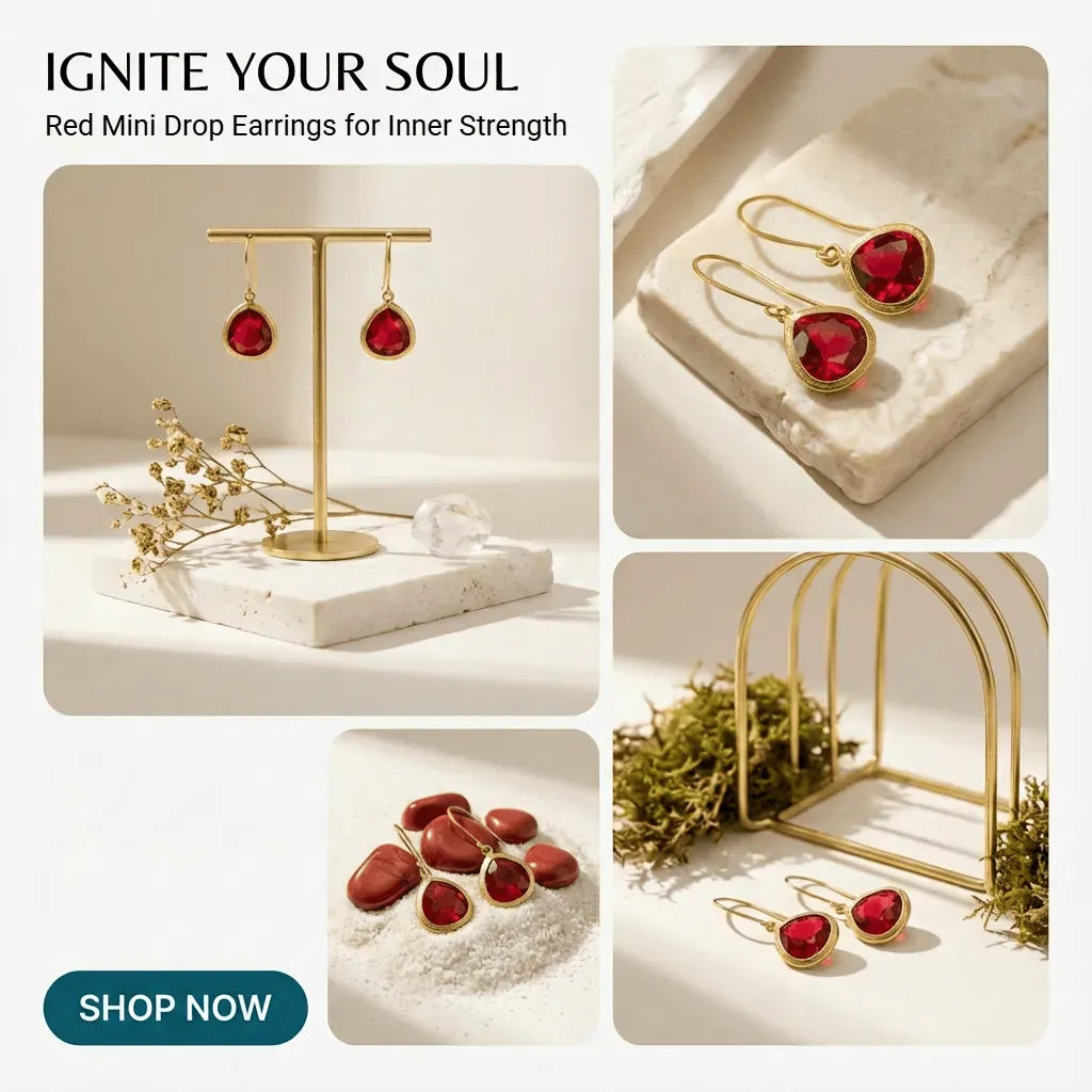 Red drop earrings on a gold stand with text 'Ignite Your Soul' and 'Red Drop Earrings for Inner Strength'.