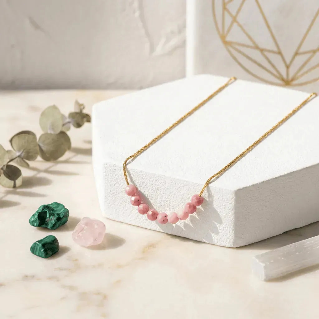 Necklace with pink beads on a white stand with green and pink stones on a light background