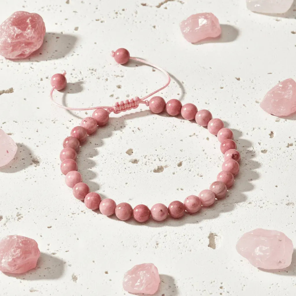 Pink beaded bracelet on a light surface with pink stones around