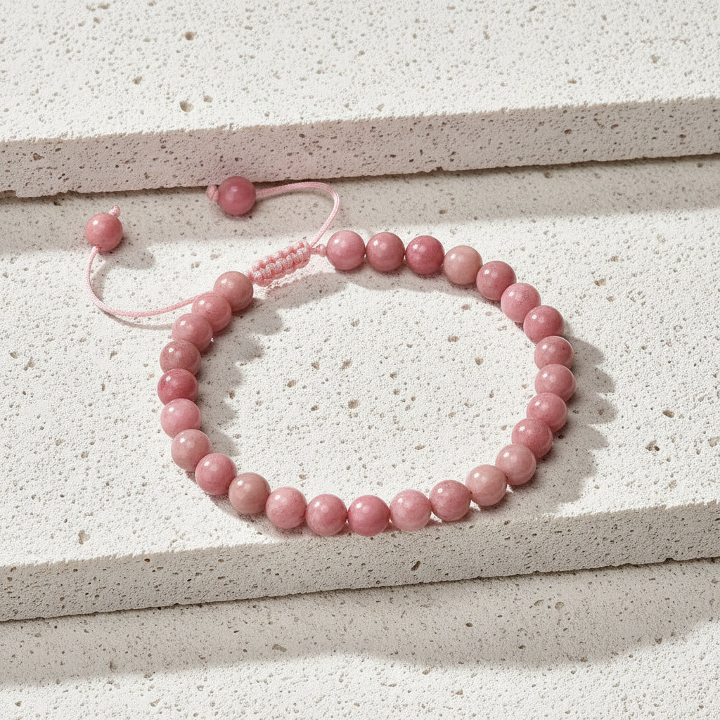 Pink rhodonite bracelet on a card with text on a wooden surface