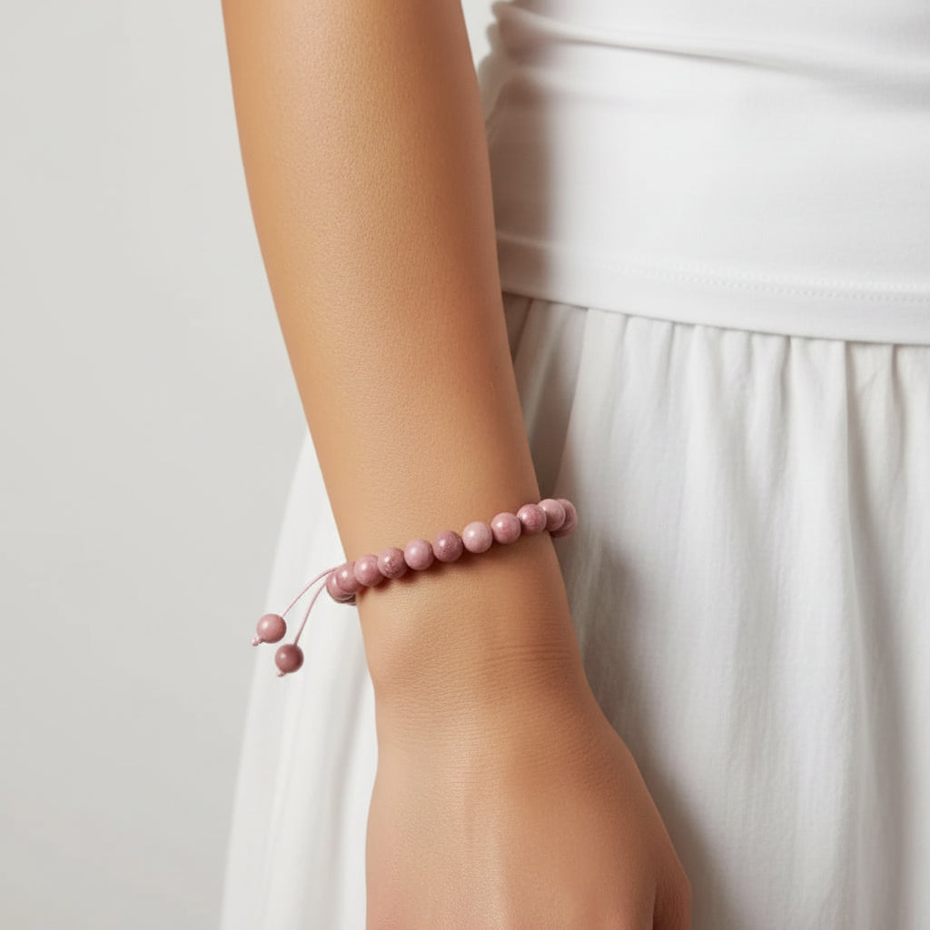 Pink beaded bracelet on a person's wrist with a neutral background