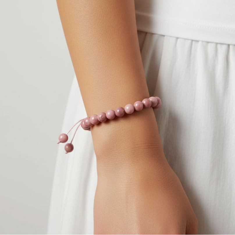 Woman wearing a rhodonite heart chakra bracelet — heart chakra jewelry for emotional balance