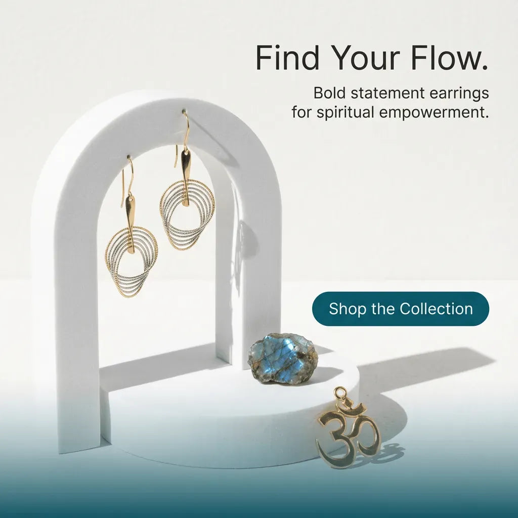 Earrings on a white arch with text promoting 'Find Your Flow' and 'Shop the Collection'.
