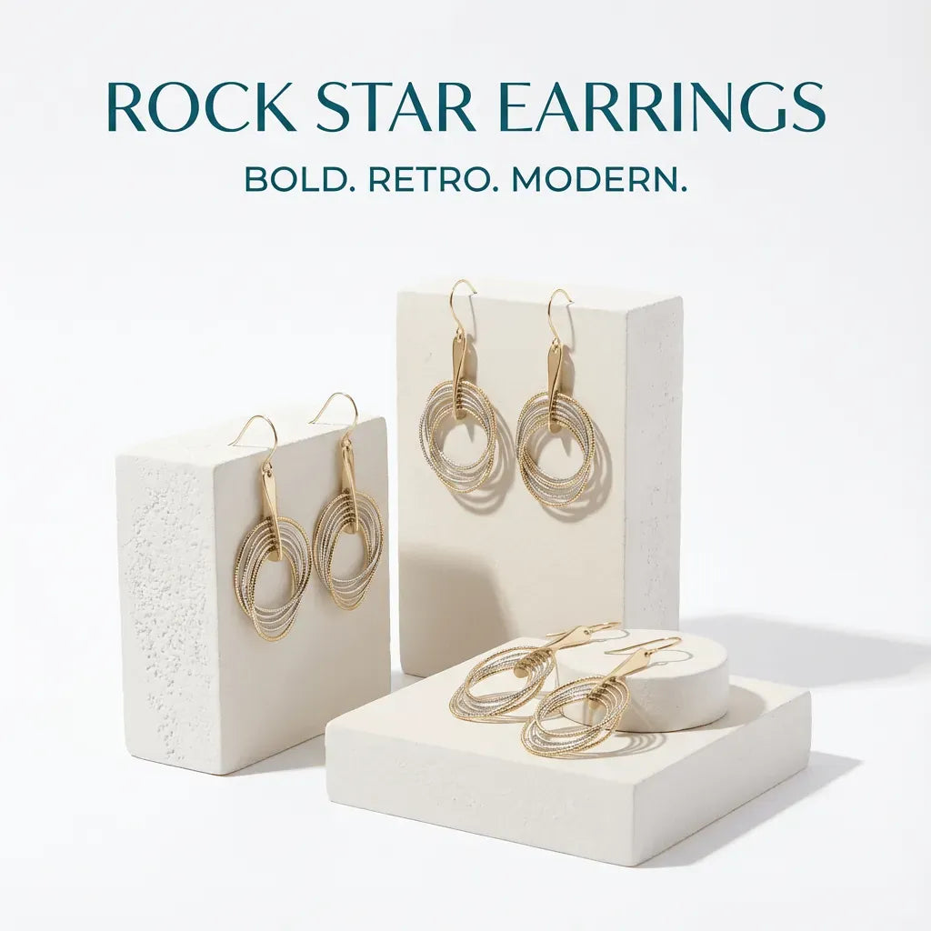 Gold hoop earrings on a white stand with 'Rock Star Earrings' text above.