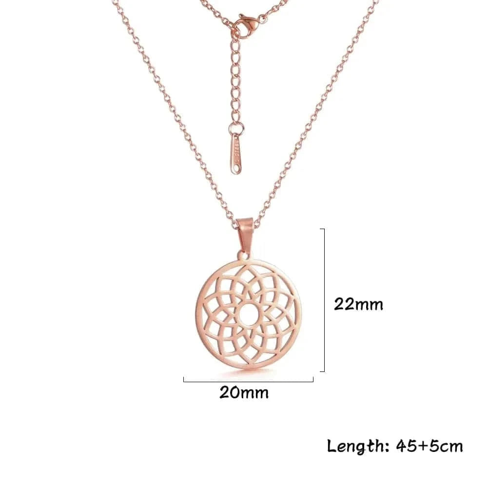Rose gold necklace with a circular pendant, shown with measurements and weight on a white background.